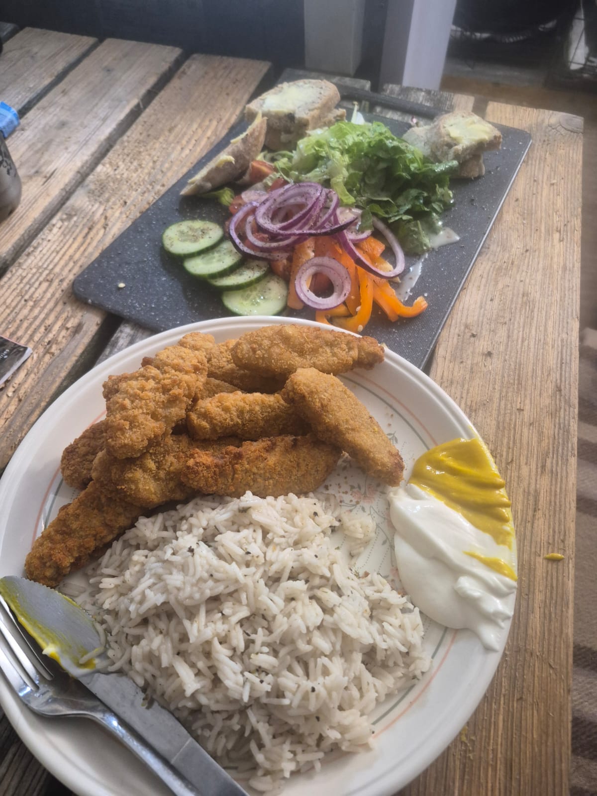 Chicken goujons and rice