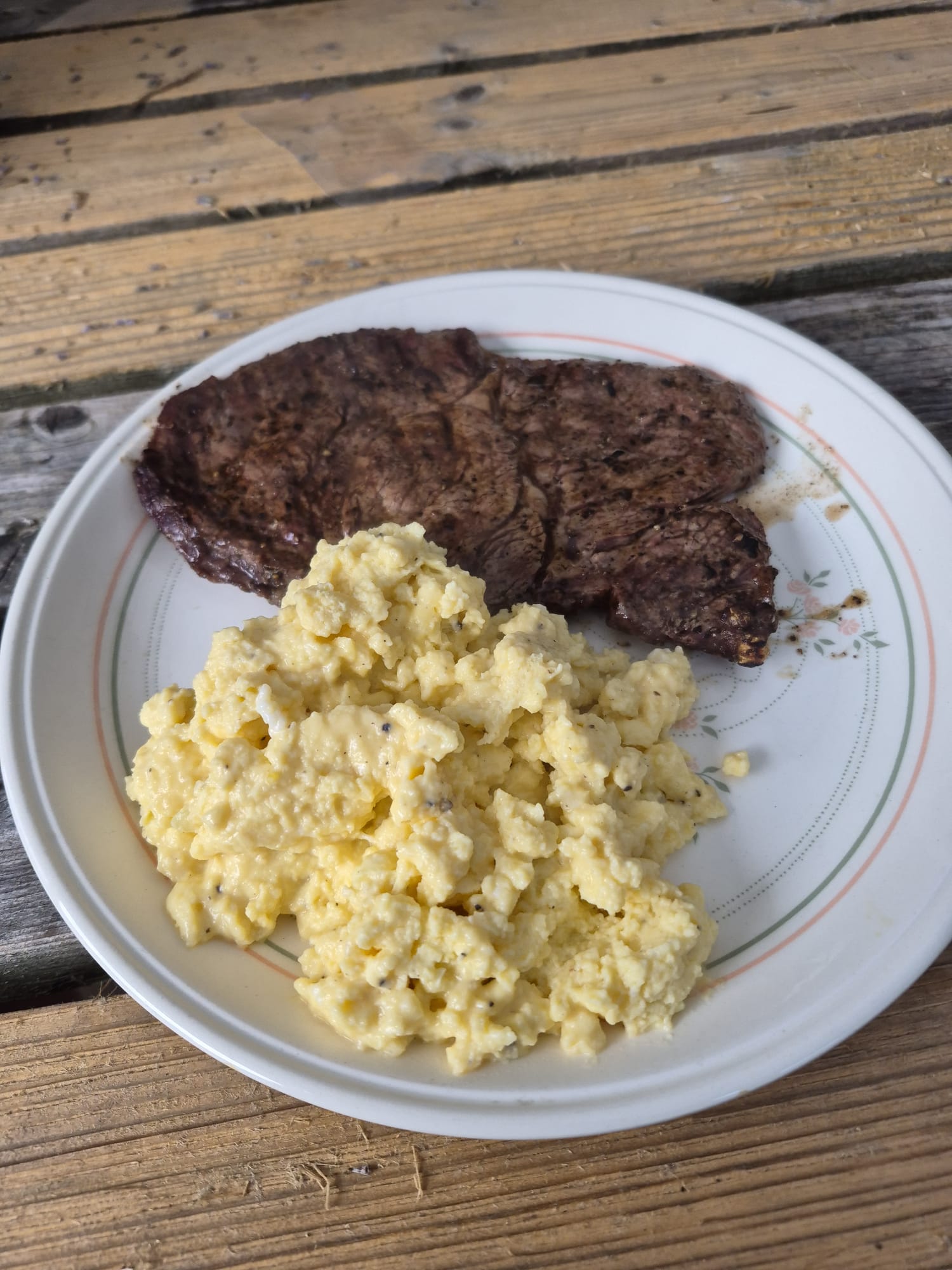 Steak and scrambled eggs